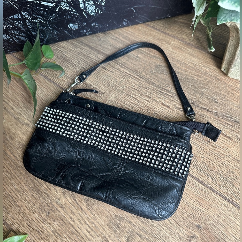 Black Leather Rhinestone Embellished Wristlet Clutch - Formal Clutch